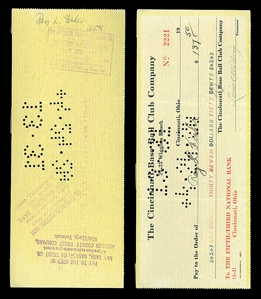 1920 Ray Fisher Cincinnati Reds Payroll Check - 1919 World Series Champion