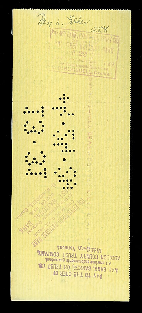 1920 Ray Fisher Cincinnati Reds Payroll Check - 1919 World Series Champion