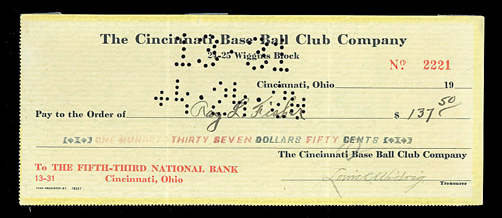 1920 Ray Fisher Cincinnati Reds Payroll Check - 1919 World Series Champion
