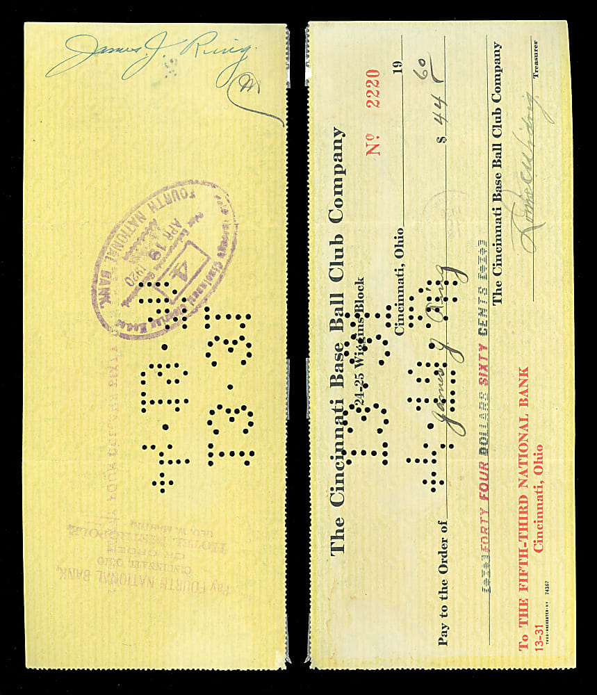 1920 Jimmy Ring Signed Cincinnati Reds Payroll Check - 1919 World Series Champ