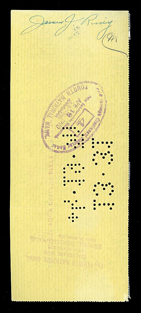 1920 Jimmy Ring Signed Cincinnati Reds Payroll Check - 1919 World Series Champ