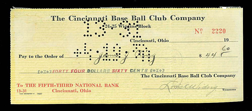 1920 Jimmy Ring Signed Cincinnati Reds Payroll Check - 1919 World Series Champ