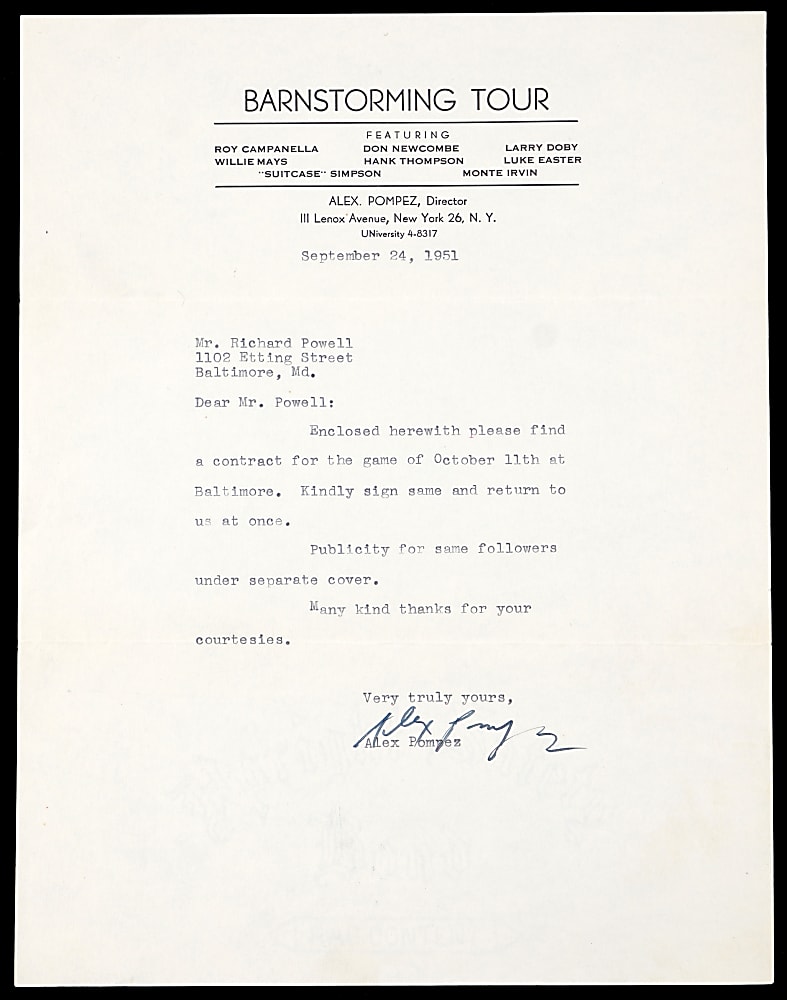 1951 Alex Pompez Typed Letter Signed on Tremendous Barnstorming Tour Letterhead - Full PSA LOA