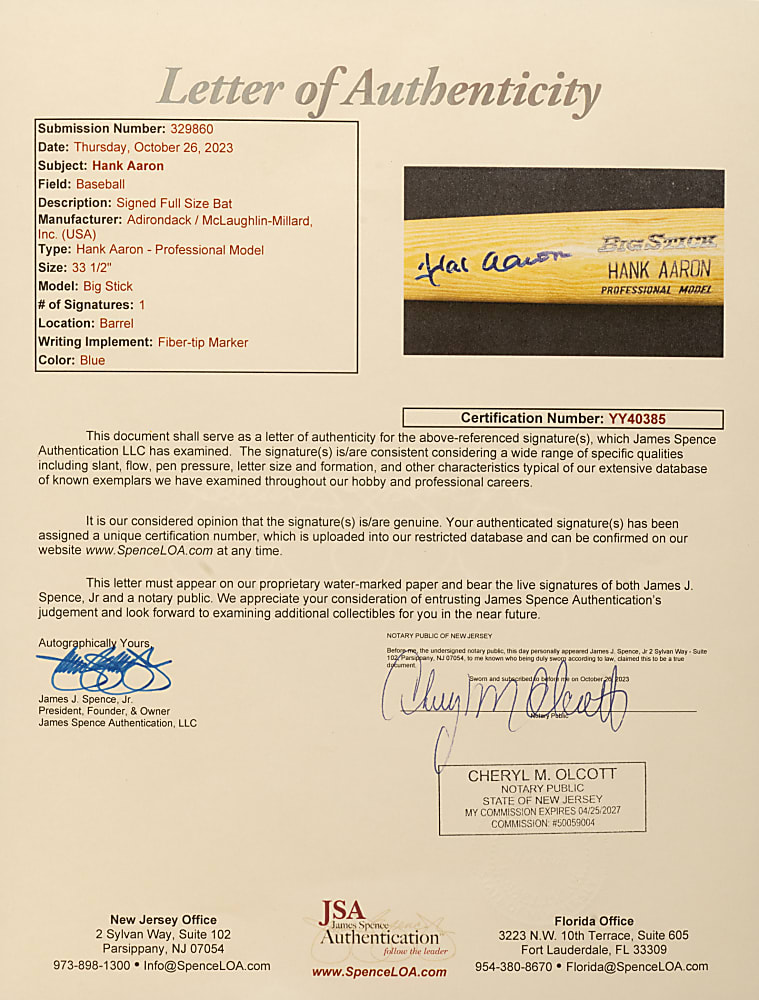 Hank Aaron Signed Bat - JSA