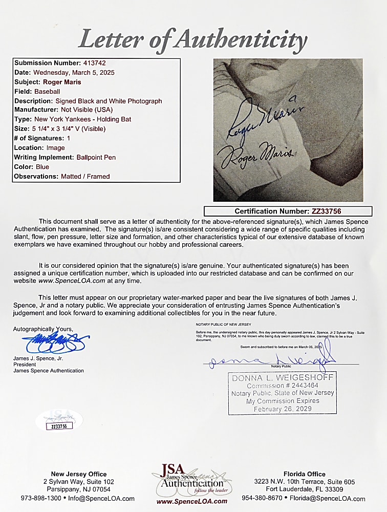 1947-1966 Roger Maris Signed Exhibit Card Framed Display – Full JSA LOA