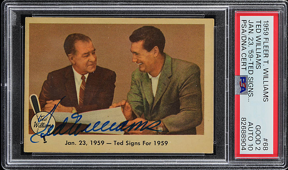 Signed 1959 Fleer Ted Williams #68 "Ted Signs..." PSA GOOD 2 with GEM MINT 10 Auto Grade!