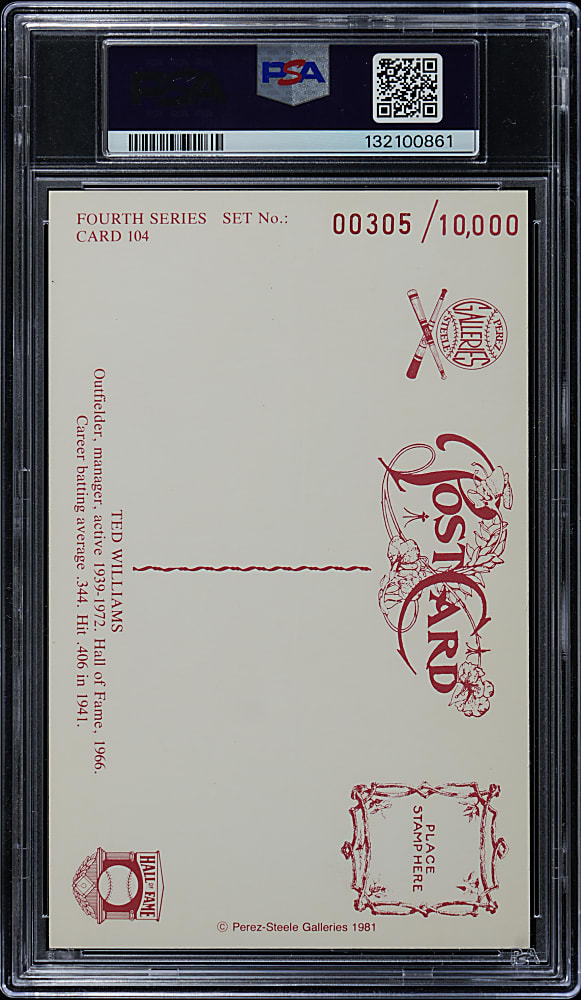 Signed 1981 Perez-Steele Hall of Fame Postcard #104 Ted Williams with PSA/DNA Auto 10 Grade!