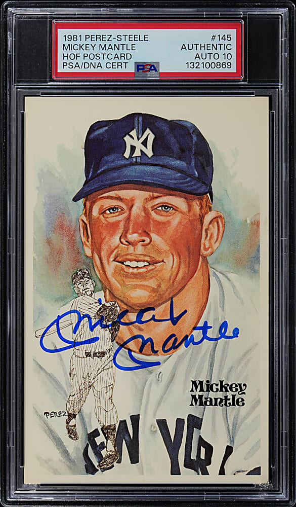 Signed 1981 Perez-Steele Hall of Fame Postcard #145 Mickey Mantle with PSA/DNA 10 Auto Grade!