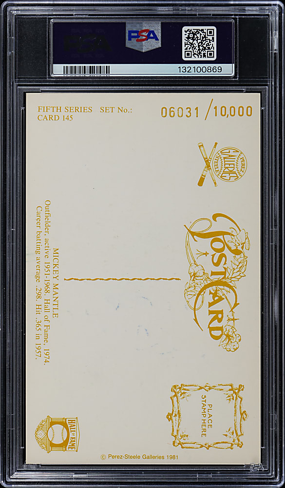 Signed 1981 Perez-Steele Hall of Fame Postcard #145 Mickey Mantle with PSA/DNA 10 Auto Grade!