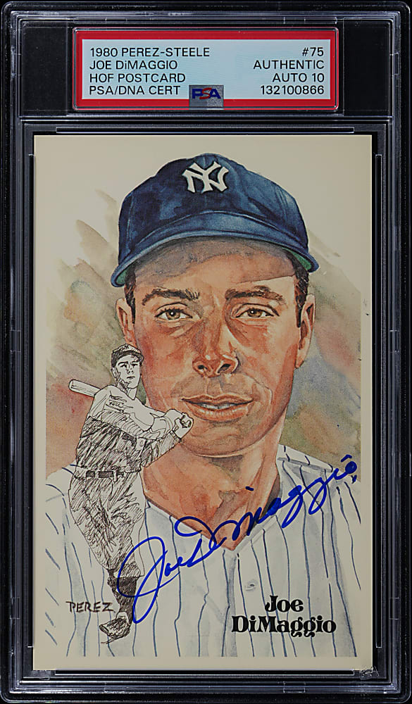 Signed 1980 Perez-Steele Hall of Fame Postcard #75 Joe DiMaggio with PSA/DNA Auto 10 Grade!