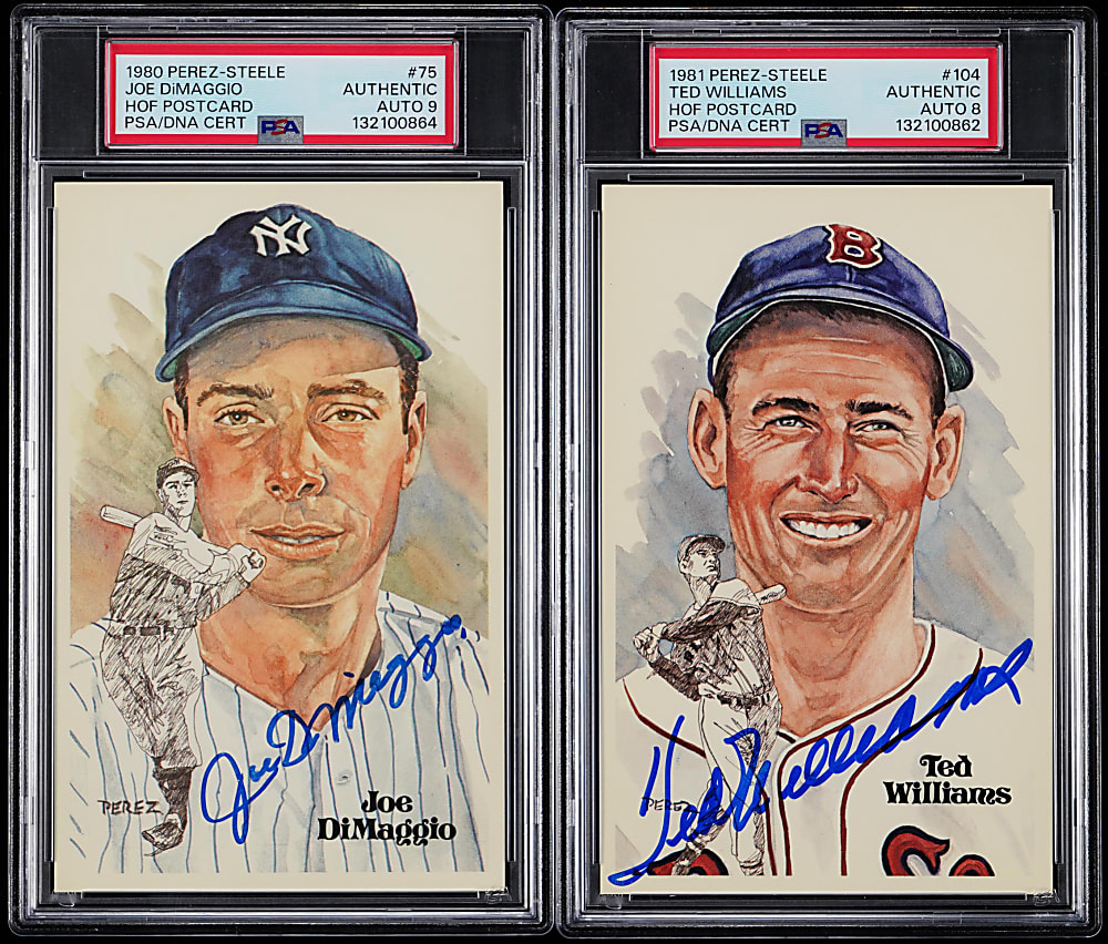 Signed 1980 & 1981 Perez-Steele Hall of Fame Postcard PSA Graded Pair with Joe DiMaggio & Ted Williams