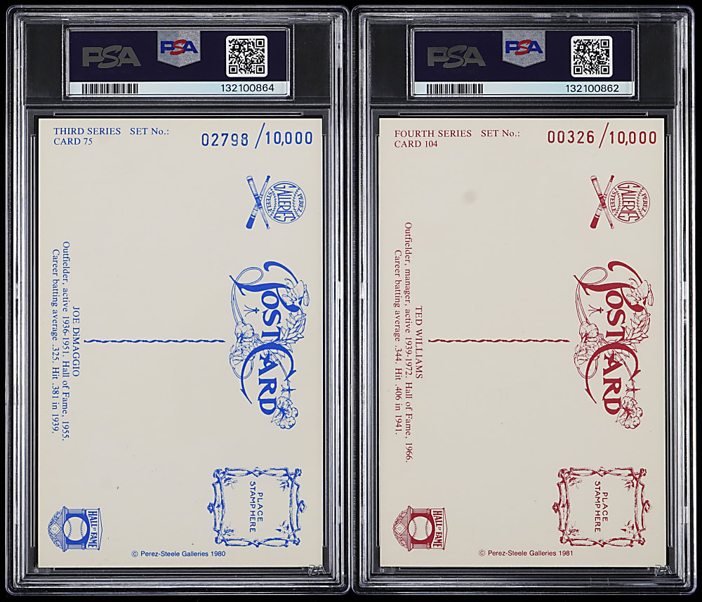 Signed 1980 & 1981 Perez-Steele Hall of Fame Postcard PSA Graded Pair with Joe DiMaggio & Ted Williams