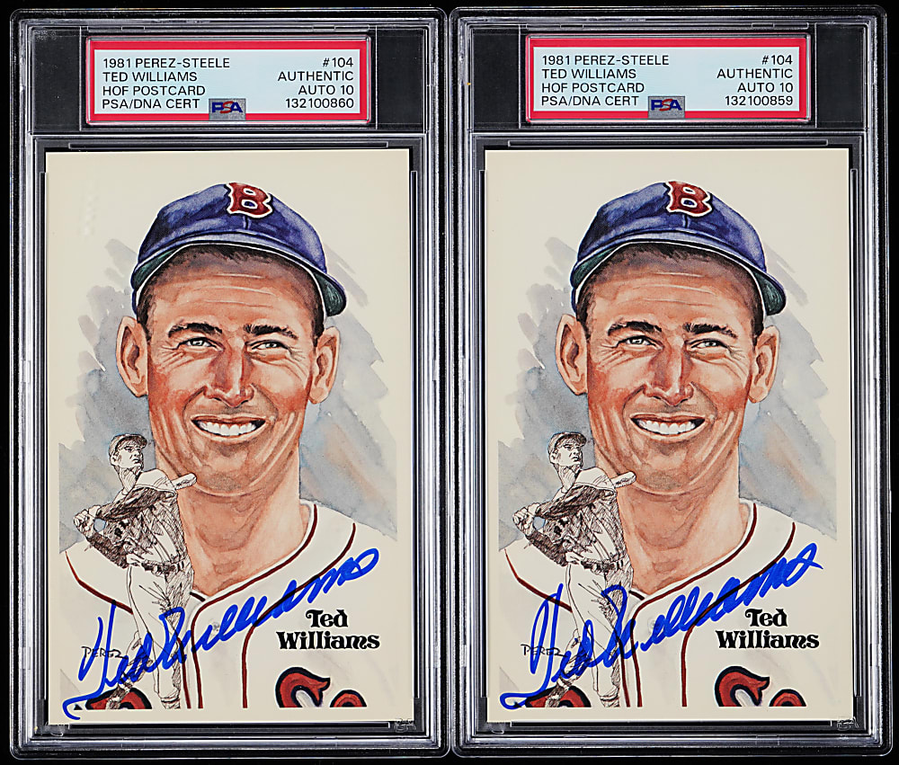 Signed 1981 Perez-Steele Hall of Fame Postcard PSA Graded Ted Williams Pair - Both PSA/DNA Auto 10 Grades!