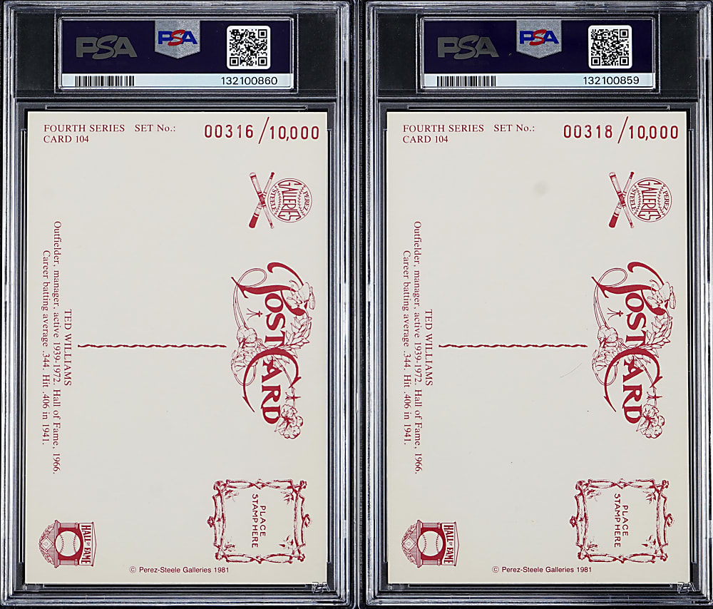 Signed 1981 Perez-Steele Hall of Fame Postcard PSA Graded Ted Williams Pair - Both PSA/DNA Auto 10 Grades!