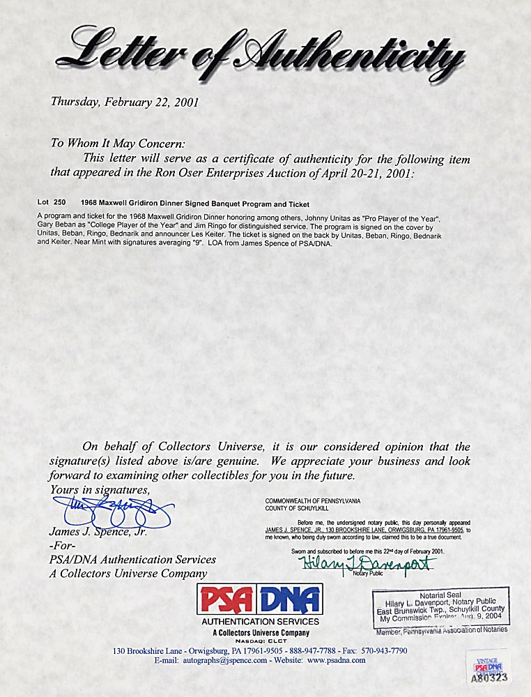 1968 Multi-Signed Gridiron Dinner Program & Ticket with (18) Total Signatures Including (2) Johnny Unitas - Full PSA LOA