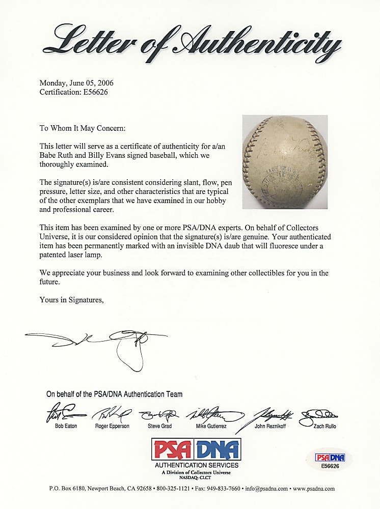 Babe Ruth & Billy Evans Dual-Signed OAL Baseball with Full PSA LOA