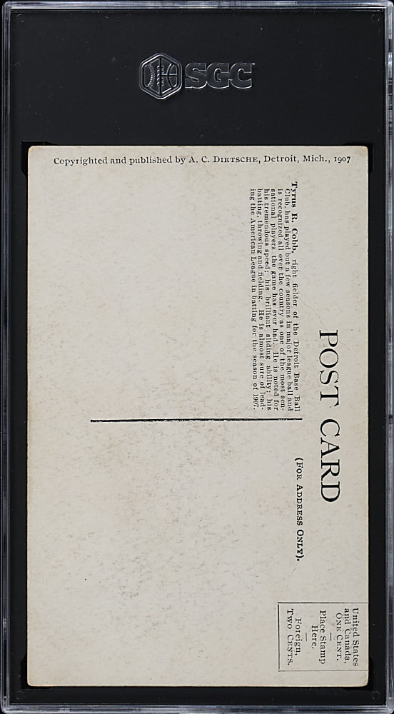 1907 A. C. Dietsche Detroit Tigers Postcard Ty Cobb Rookie SGC GOOD 2 - Extremely Rare Fielding Variation!