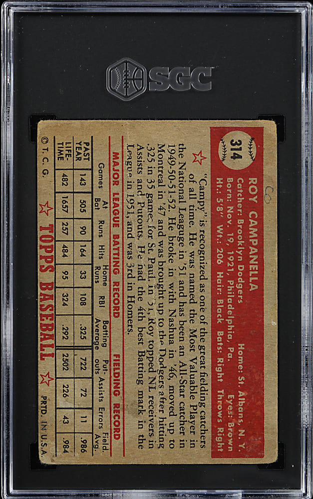 1952 Topps #314 Roy Campanella High Number SGC POOR 1