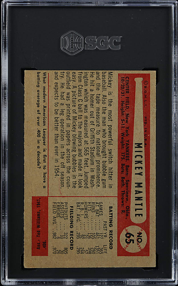 1954 Bowman #65 Mickey Mantle SGC VG 3