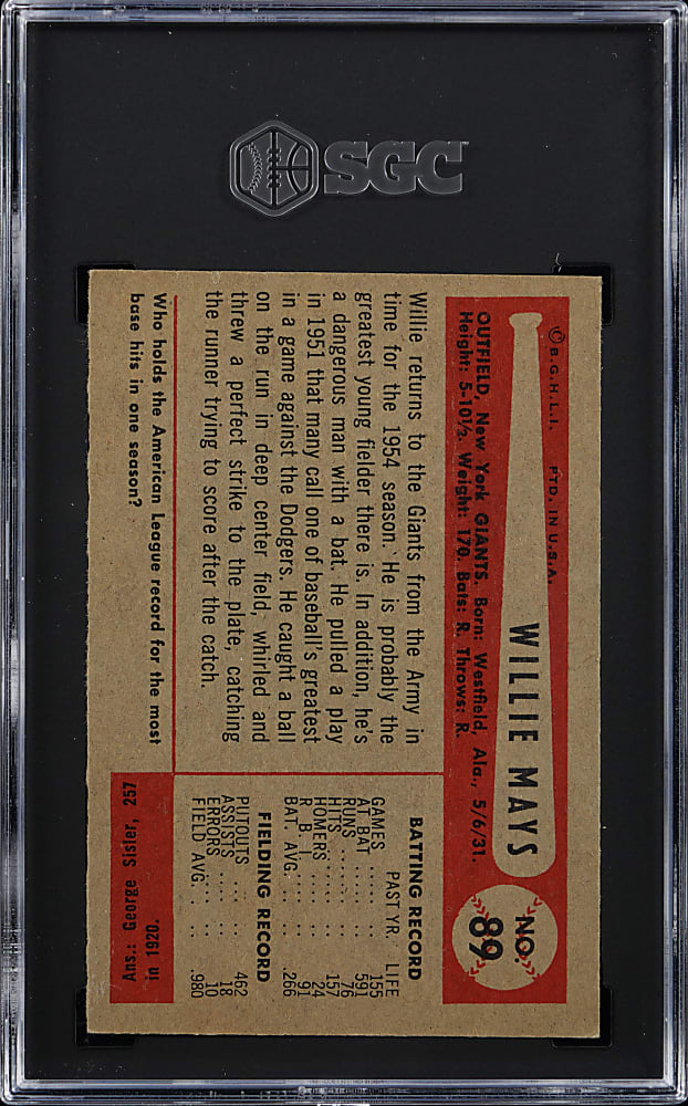 1954 Bowman #89 Willie Mays SGC EX 5