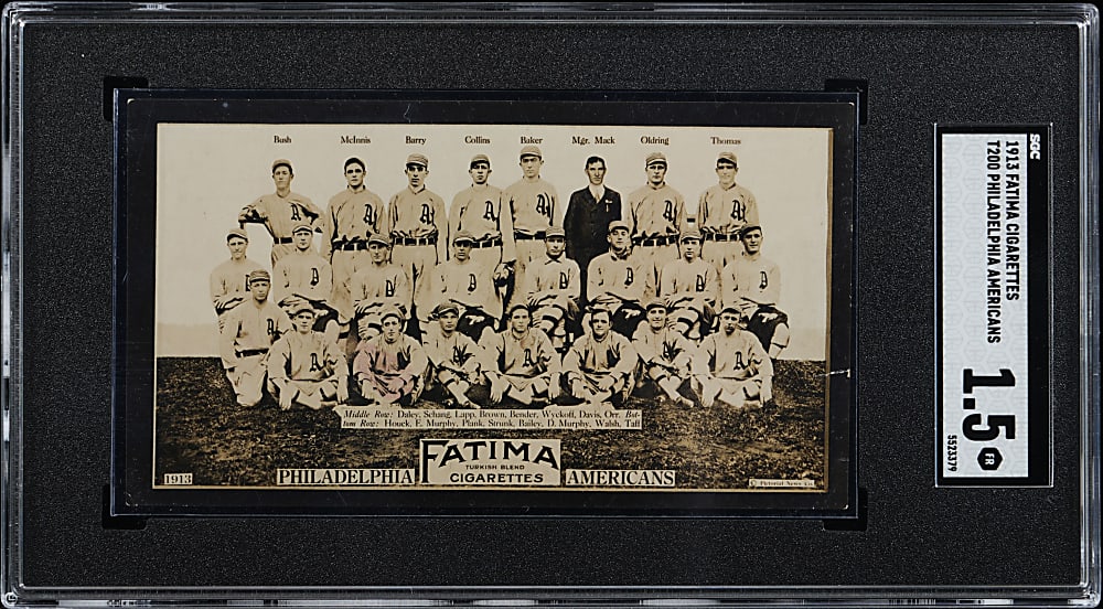 1913 T200 Fatima Cigarettes Philadelphia Americans Team Card with Baker, Bender, Collins, Mack & Plank SGC FAIR 1.5