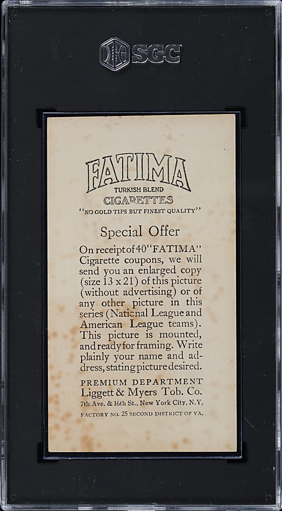 1913 T200 Fatima Cigarettes Philadelphia Americans Team Card with Baker, Bender, Collins, Mack & Plank SGC FAIR 1.5