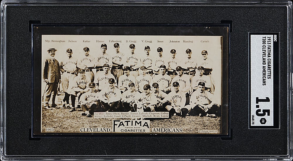 1913 T200 Fatima Cigarettes Cleveland Americans Team Card with Joe Jackson & Nap Lajoie SGC FAIR 1.5