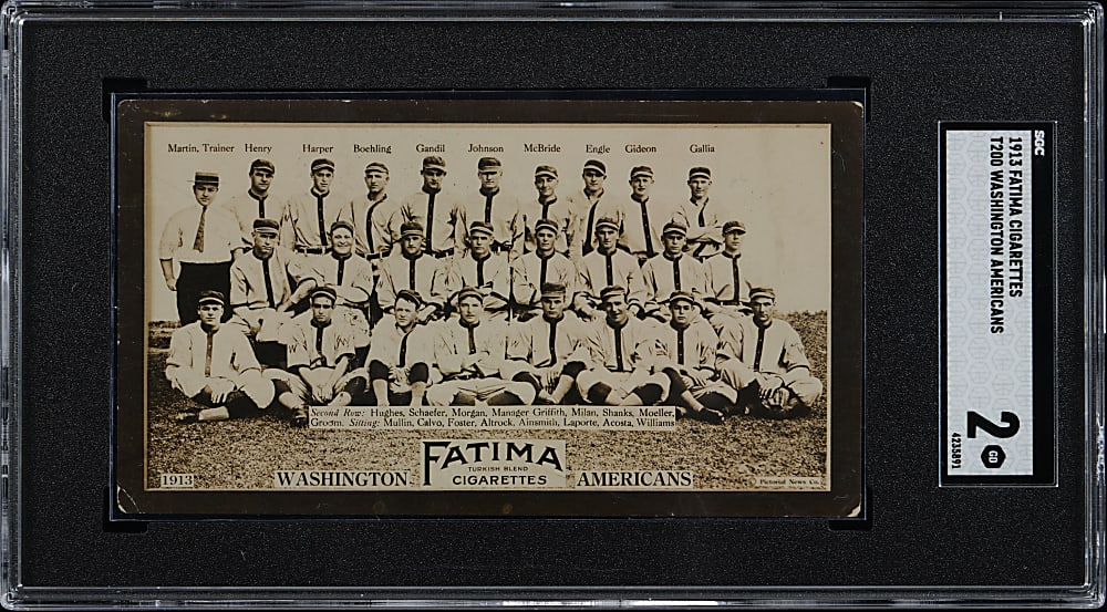 1913 T200 Fatima Cigarettes Washington Americans Team Card with Chick Gandil, Clark Griffith & Walter Johnson SGC GOOD 2