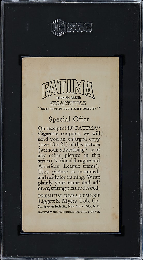 1913 T200 Fatima Cigarettes Washington Americans Team Card with Chick Gandil, Clark Griffith & Walter Johnson SGC GOOD 2