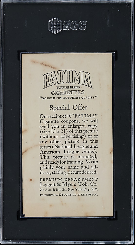 1913 T200 Fatima Cigarettes New York Americans Team Card with Frank Chance & Bill McKechnie SGC GOOD+ 2.5