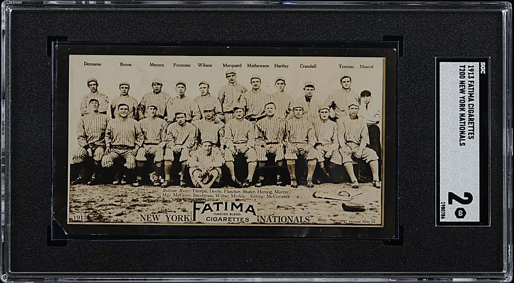 1913 T200 Fatima Cigarettes New York Nationals Team Card with Marquard, Mathewson, McGraw & Thorpe SGC GOOD 2