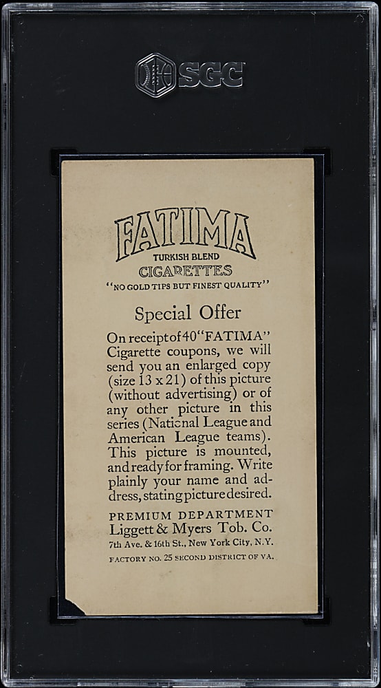1913 T200 Fatima Cigarettes New York Nationals Team Card with Marquard, Mathewson, McGraw & Thorpe SGC GOOD 2