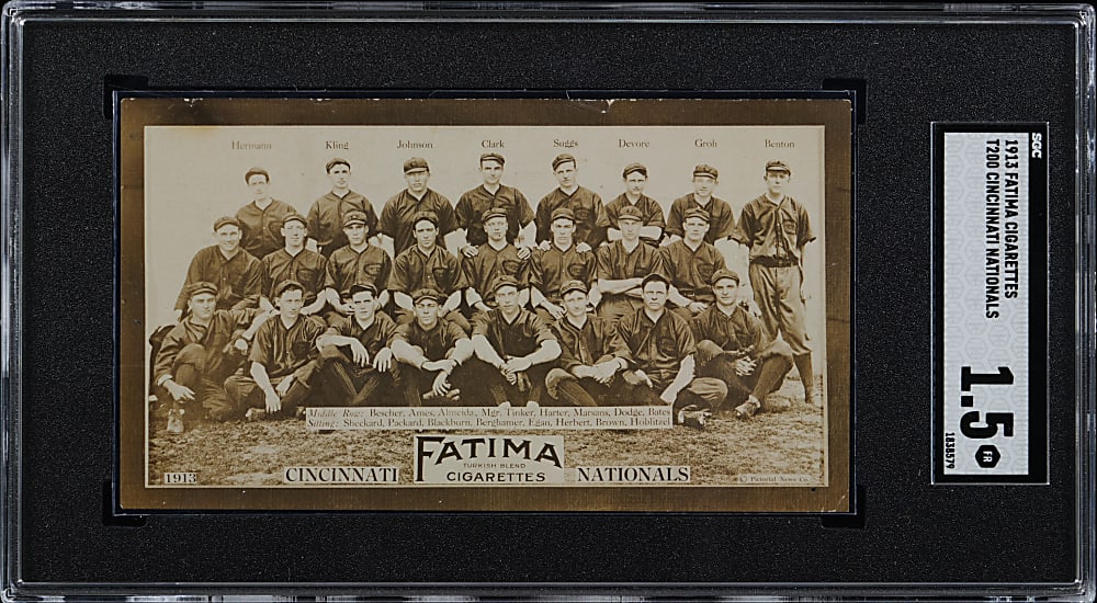 1913 T200 Fatima Cigarettes Cincinnati Nationals Team Card with Mordecai Brown & Joe Tinker SGC FAIR 1.5