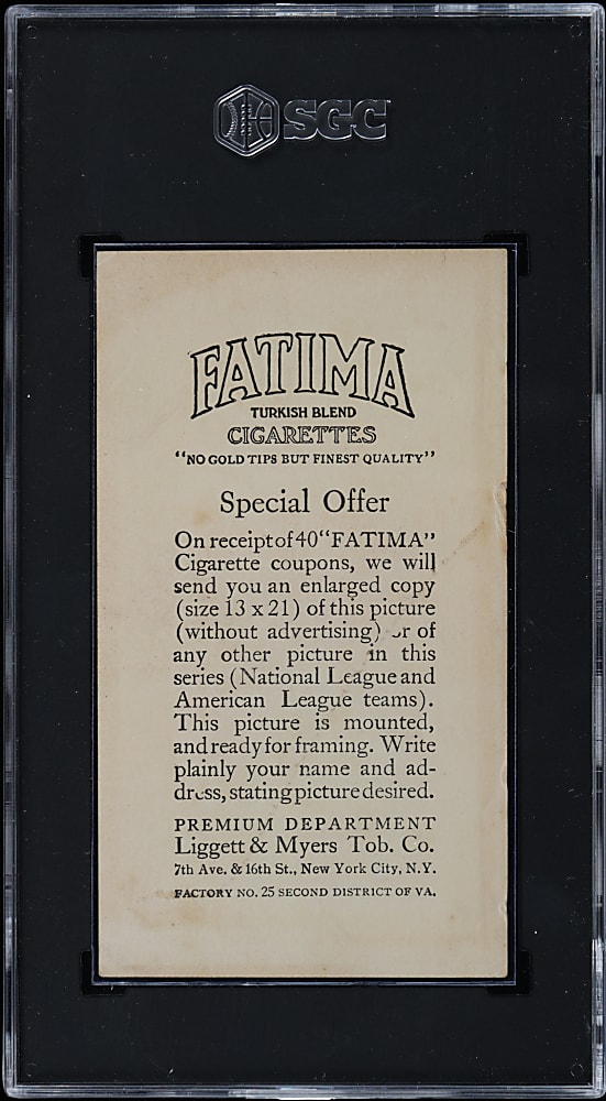 1913 T200 Fatima Cigarettes Cincinnati Nationals Team Card with Mordecai Brown & Joe Tinker SGC FAIR 1.5