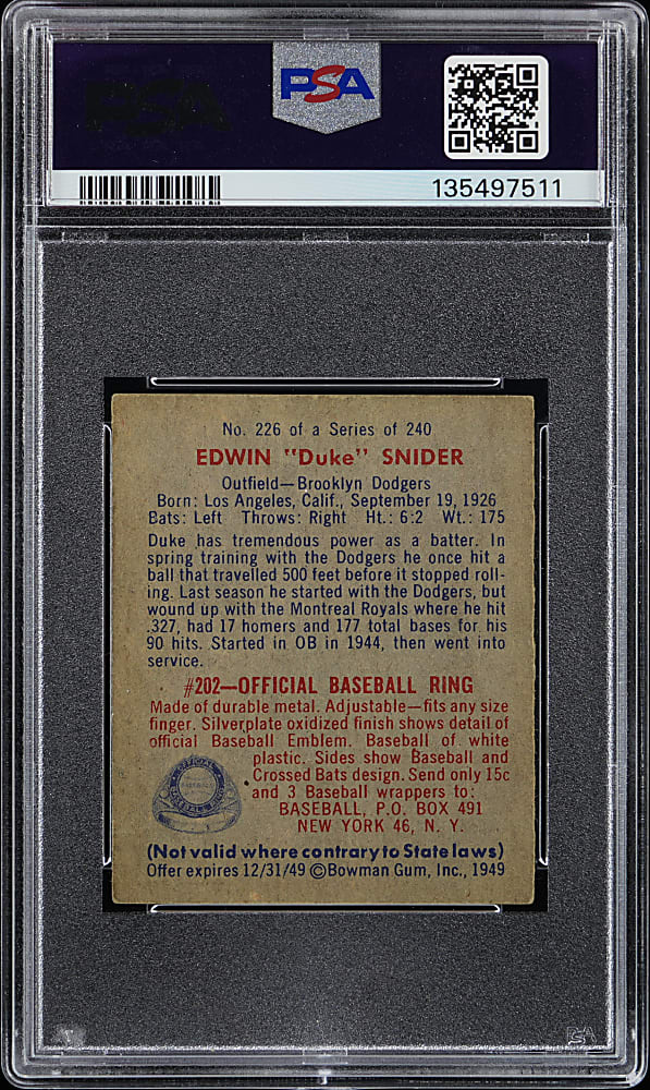 1949 Bowman #226 Duke Snider Rookie High Number PSA VG 3