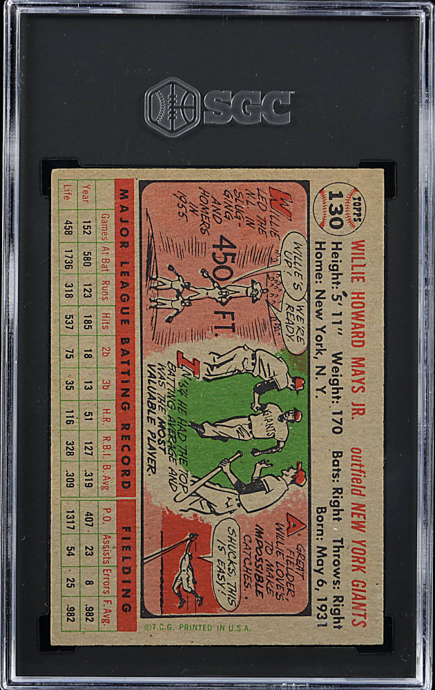 1956 Topps #130 Willie Mays Gray Back SGC EX 5