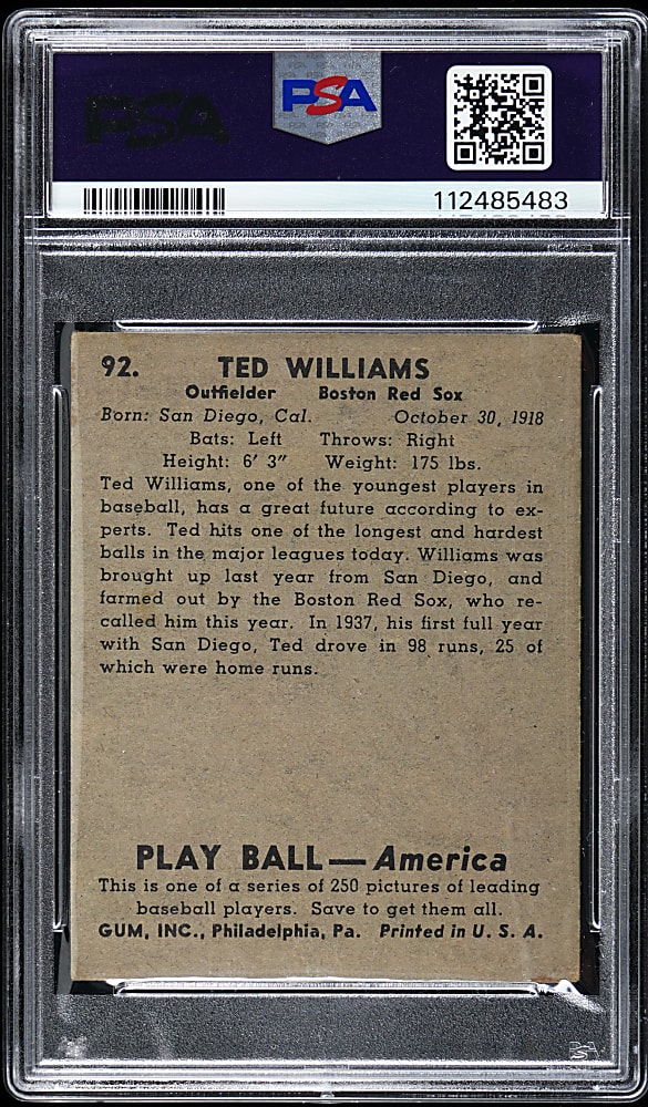 1939 Play Ball #92 Ted Williams Rookie PSA VG 3