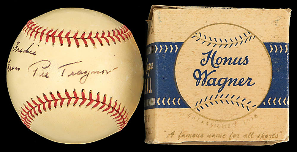 Exceptional Pie Traynor Single-Signed "Honus Wagner Co." Baseball with Original Box - Full JSA LOA