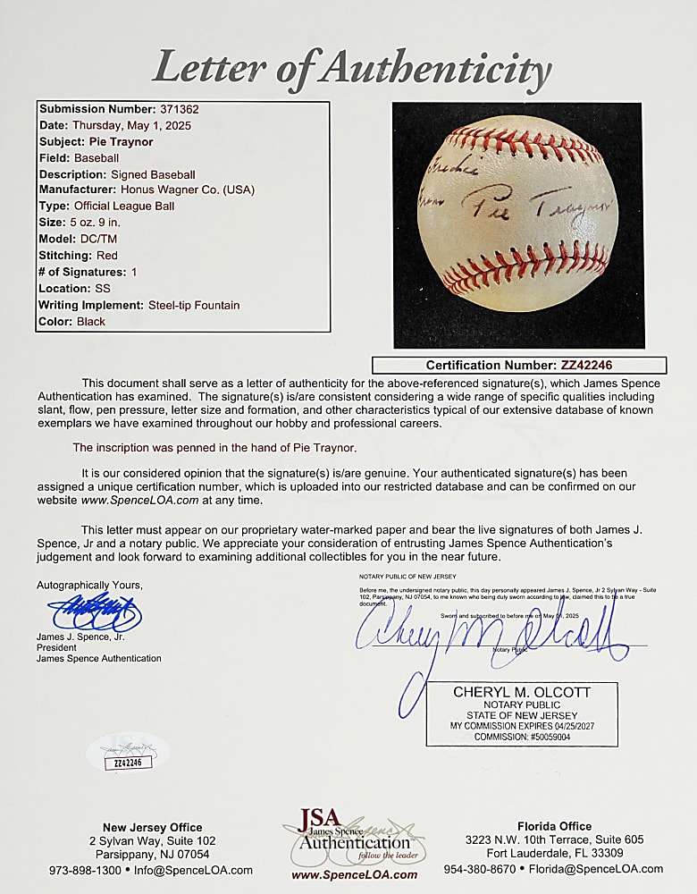 Exceptional Pie Traynor Single-Signed "Honus Wagner Co." Baseball with Original Box - Full JSA LOA