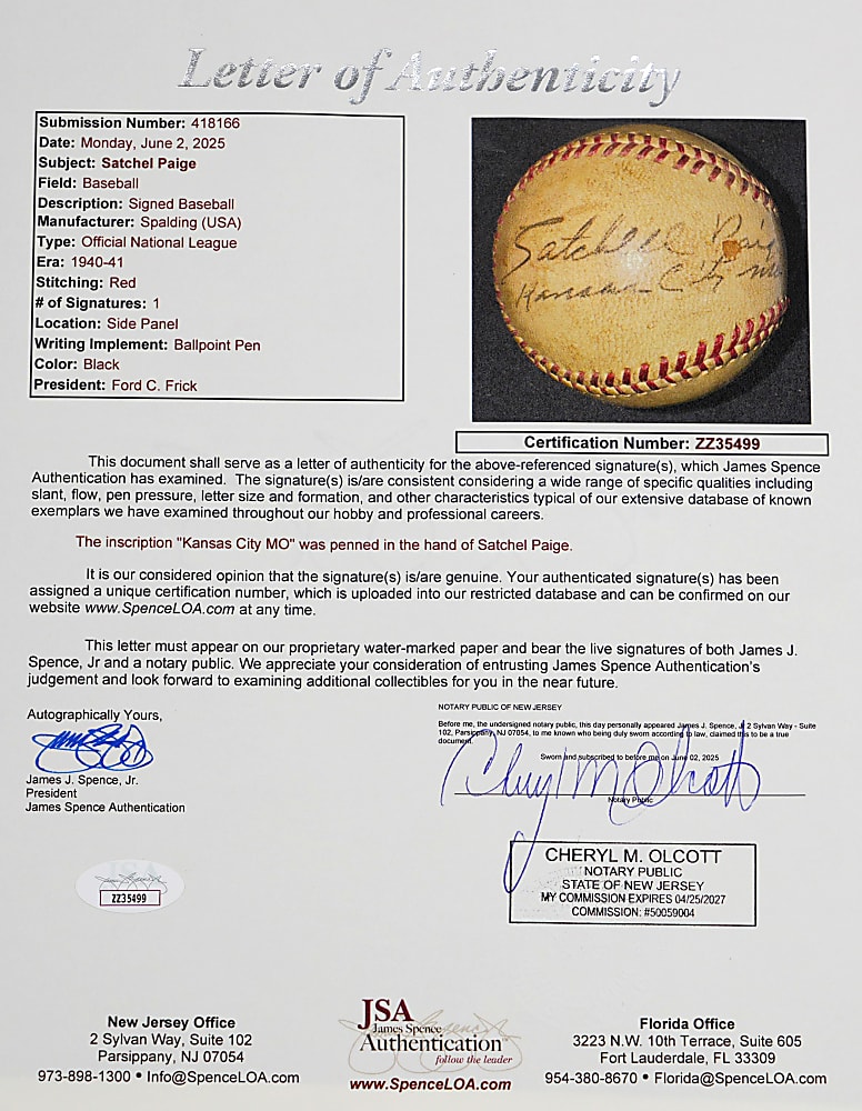 Satchel Paige Single-Signed Baseball with "Kansas City, Mo." Inscription - JSA