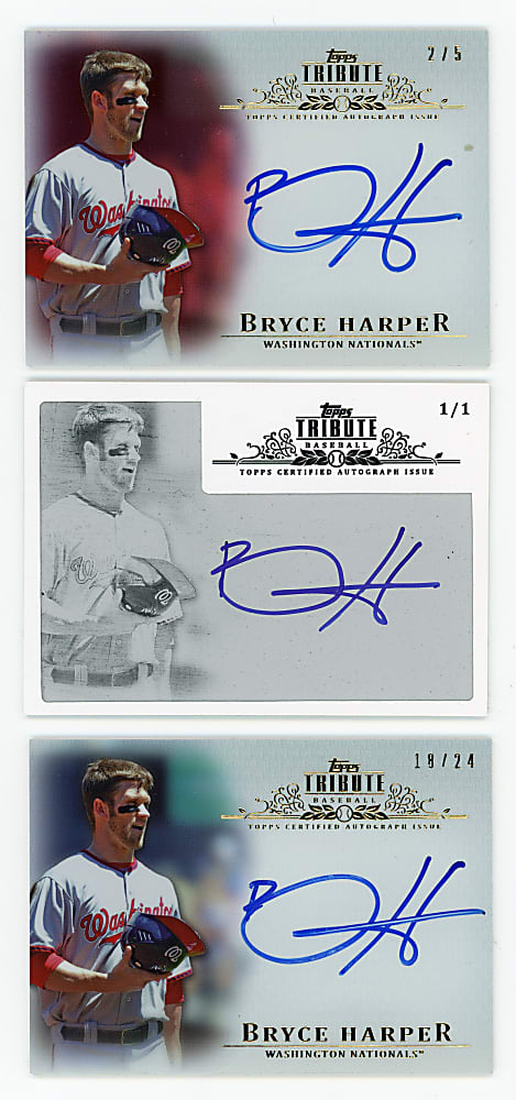 2013 Topps Tribute Bryce Harper Low Numbered Certified Autograph Trio with #/5 & #1/1 Printing Plate