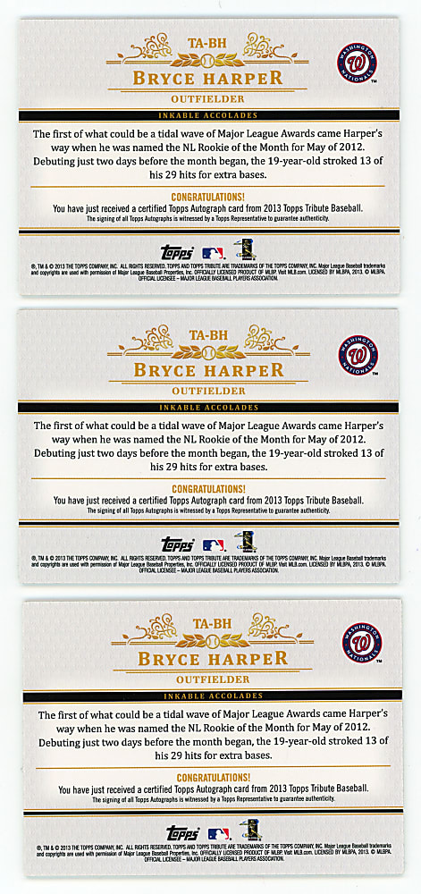 2013 Topps Tribute Bryce Harper Low Numbered Certified Autograph Trio with #/5 & #1/1 Printing Plate