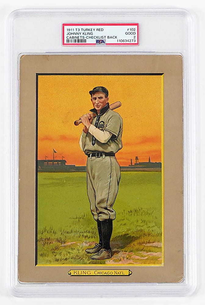 1911 T3 Turkey Red Cabinets #102 Johnny Kling Checklist Back PSA GOOD 2