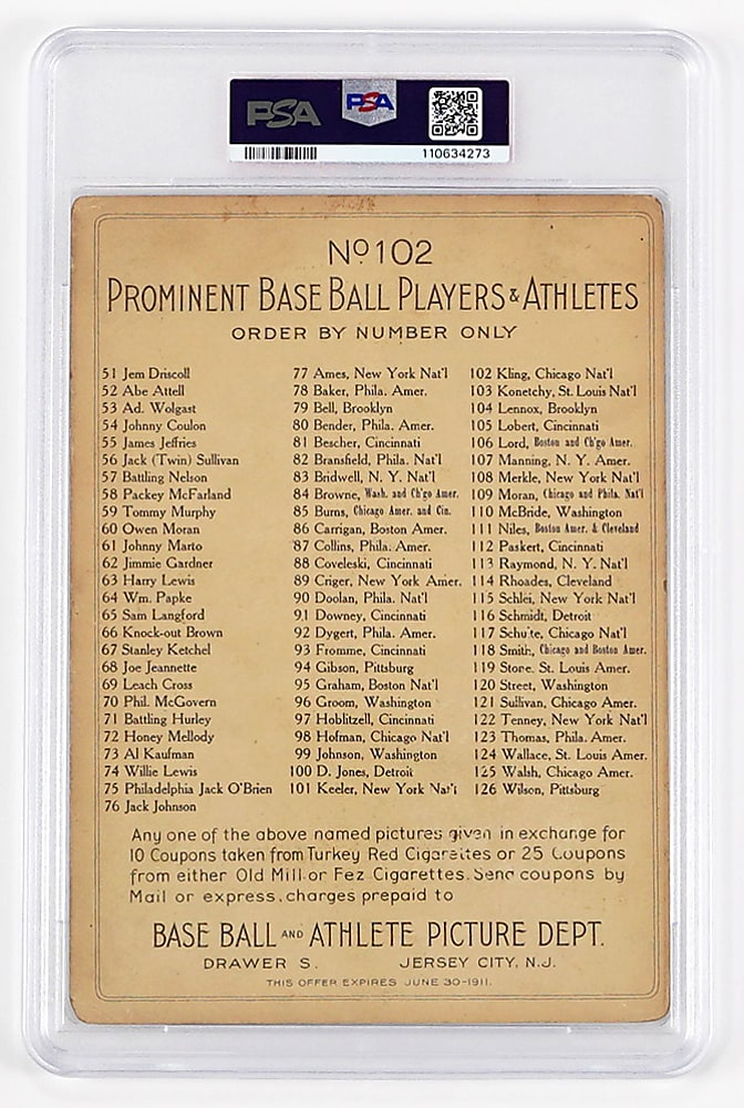 1911 T3 Turkey Red Cabinets #102 Johnny Kling Checklist Back PSA GOOD 2
