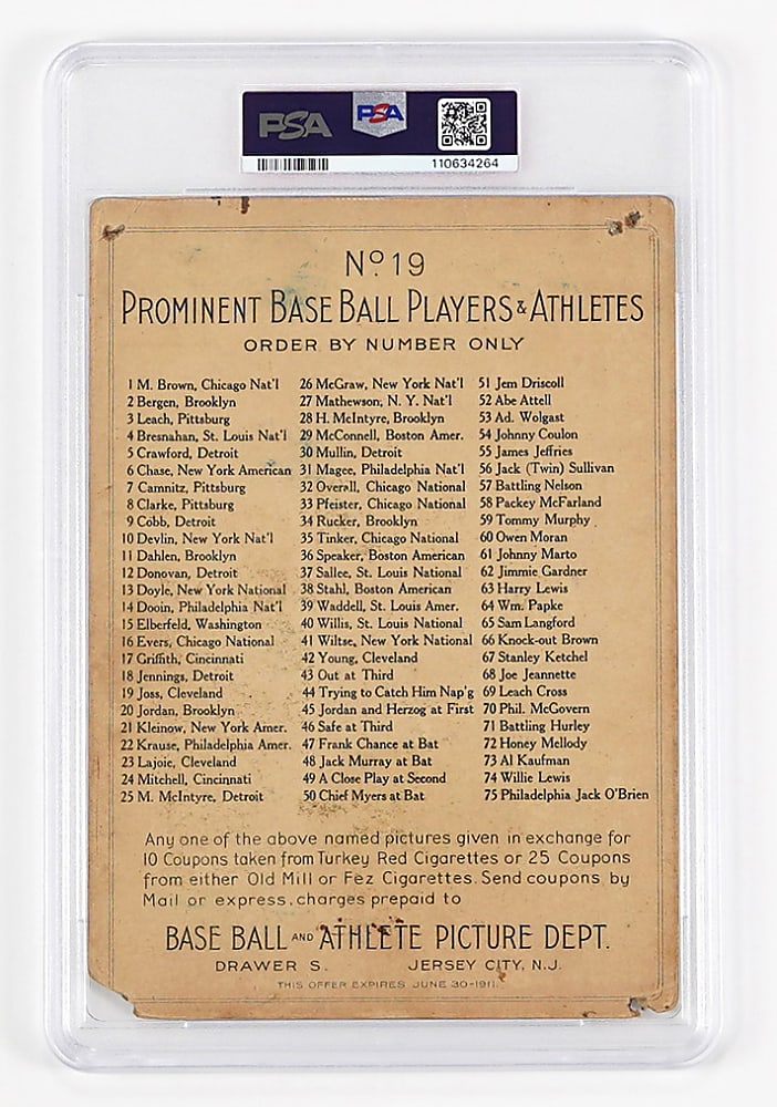 1911 T3 Turkey Red Cabinets #19 Addie Joss Checklist Back PSA POOR 1