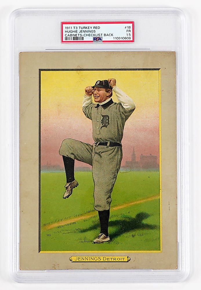 1911 T3 Turkey Red Cabinets #18 Hughie Jennings Checklist Back PSA FAIR 1.5