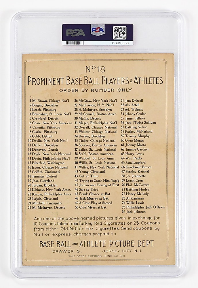 1911 T3 Turkey Red Cabinets #18 Hughie Jennings Checklist Back PSA FAIR 1.5