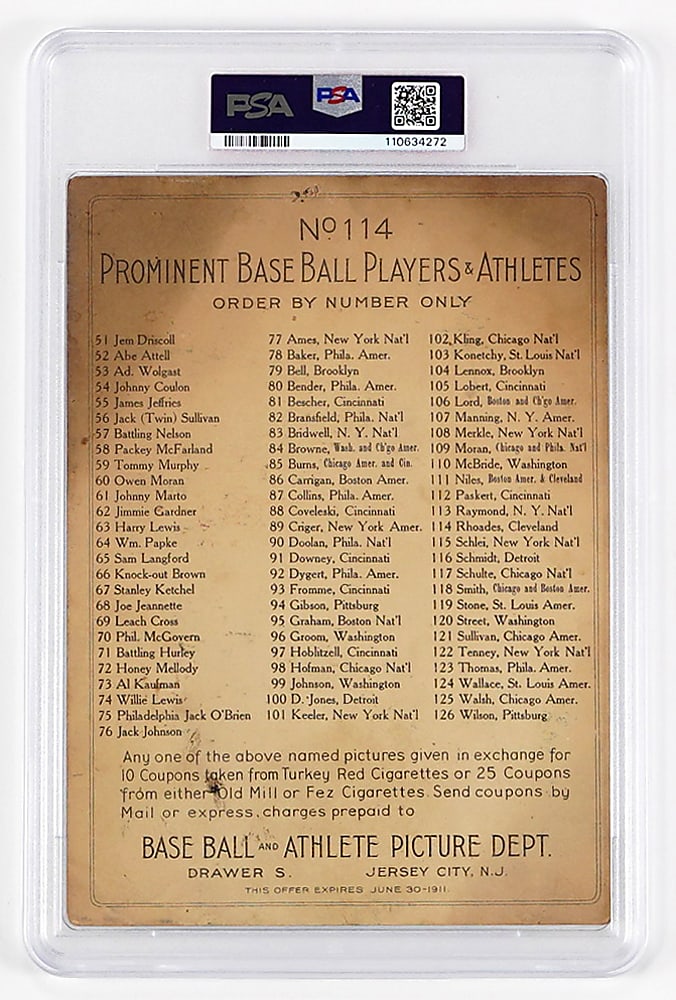 1911 T3 Turkey Red Cabinets #114 Bob Rhoades Checklist Back PSA POOR 1