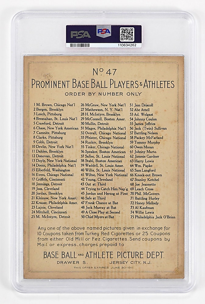 1911 T3 Turkey Red Cabinets #47 Frank Chance Checklist Back PSA VG 3