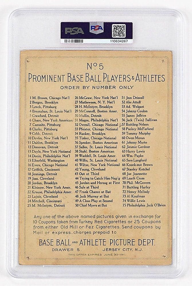 1911 T3 Turkey Red Cabinets #5 Sam Crawford Checklist Back PSA POOR 1(mk)